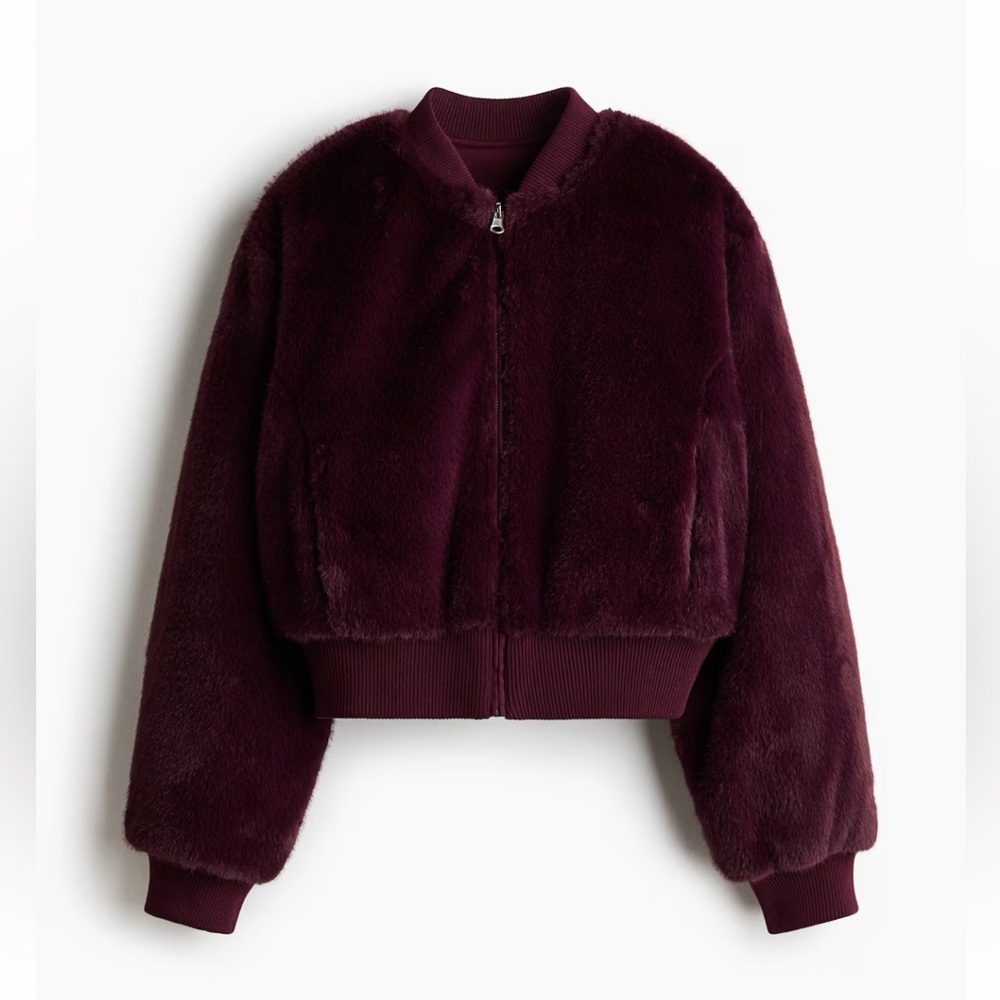 New H&M Reversable Faux Fur Bomber Jacket - Deep Burgundy - Picture 6 of 7